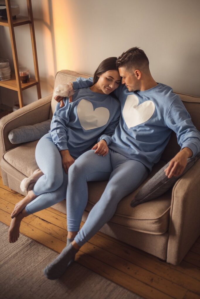 A couple wearing matching sweatshirts and leggings, cuddling on a couch.