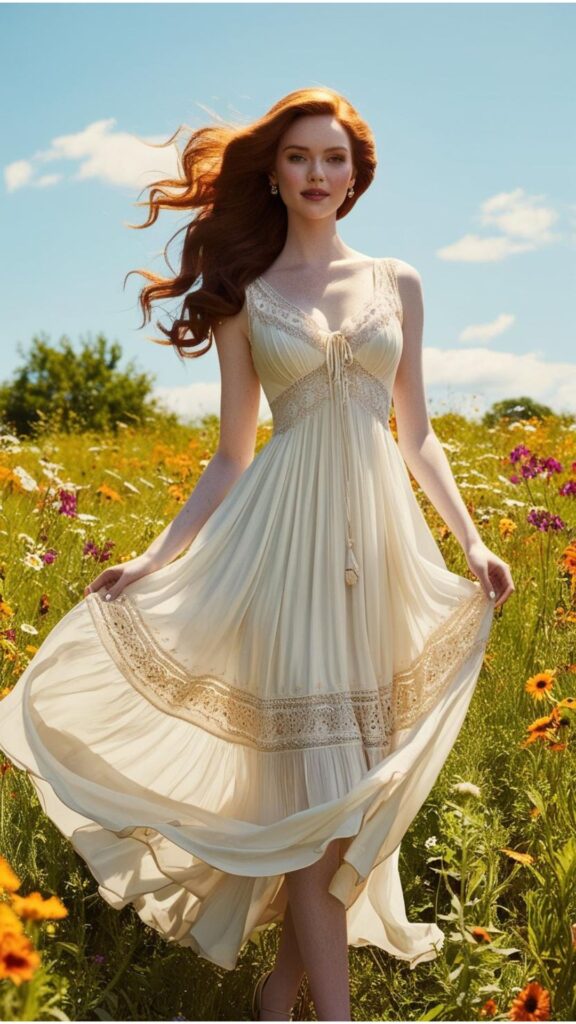A stunning woman in a flowing white vintage summer dress with lace detailing, standing in a field of wildflowers.