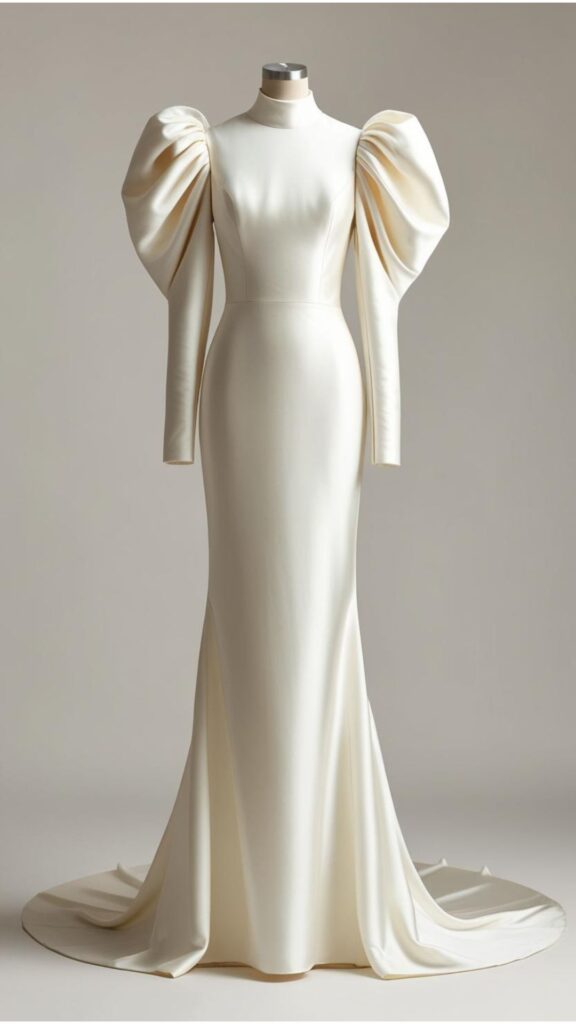 A minimalist wedding dress with a sleek silhouette and statement puff sleeves, crafted from sustainable silk.