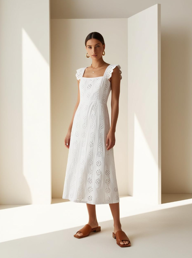 White eyelet midi dress styled with tan slides and gold hoops, creating a classic and elegant summer brunch outfit idea for women