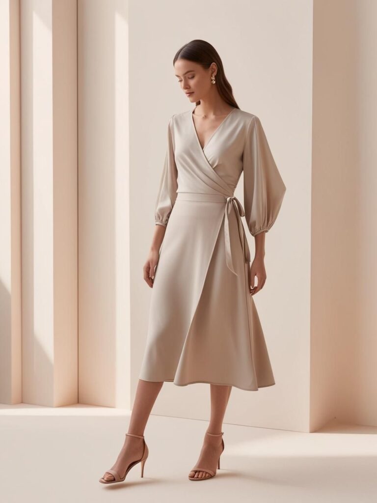 Feminine summer brunch look with a wrap top, A-line skirt, and ankle-strap heels for an elegant and flattering outfit perfect for warm weather.