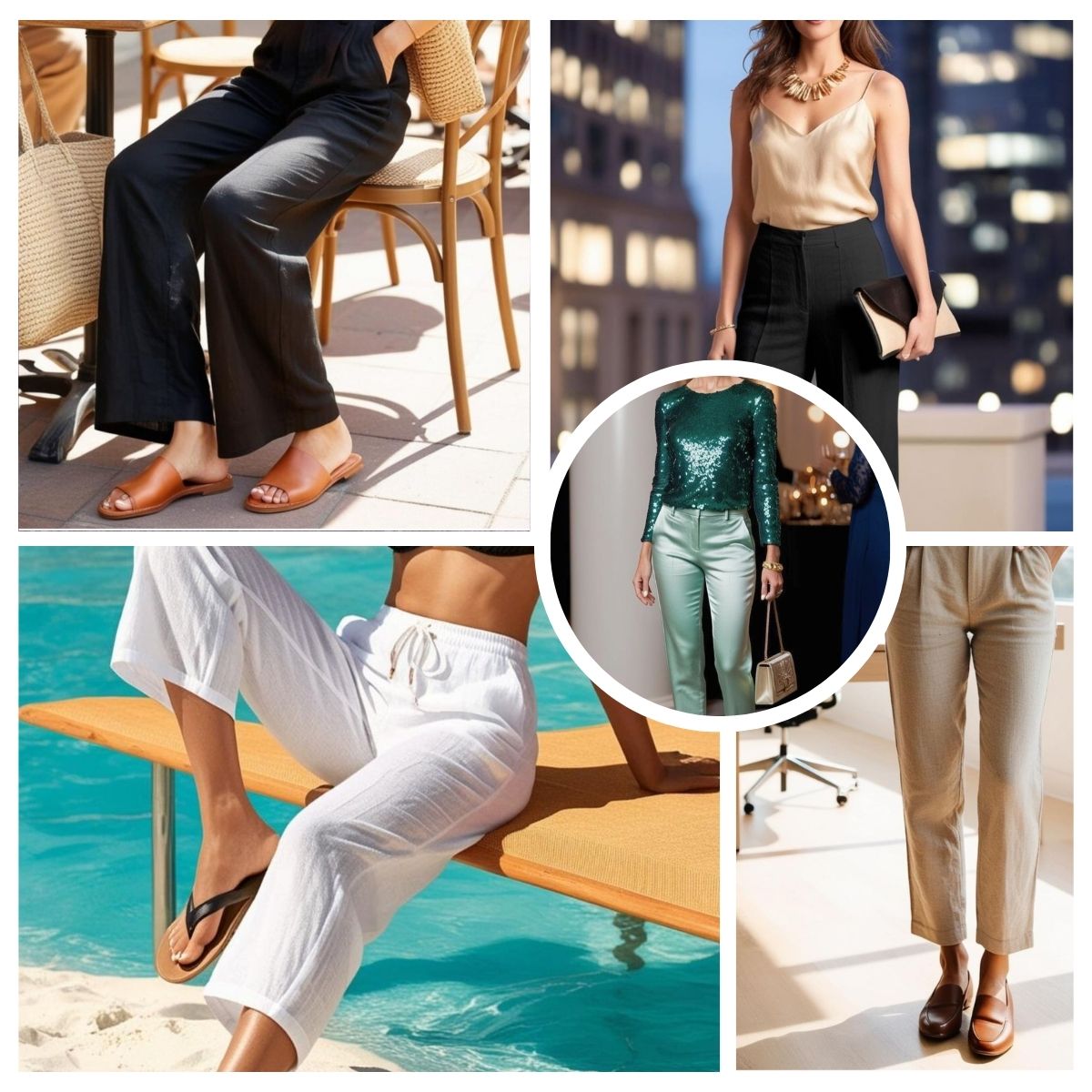 Different stylish ways to wear linen pants for casual, office, beach, and evening occasions.
