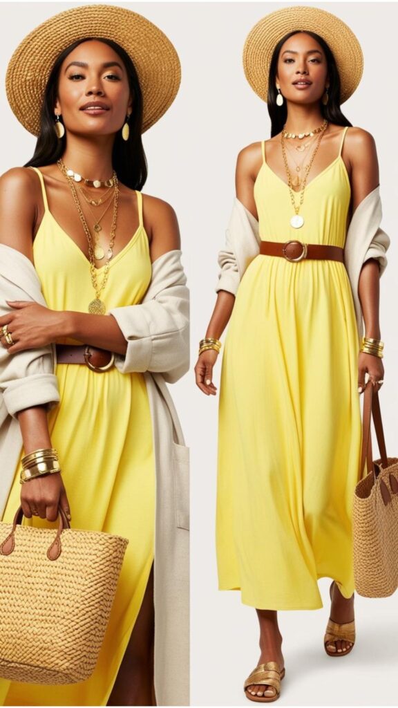Enhance your butter yellow outfit with gold jewelry, straw accessories, and warm tones. Balance bold pieces with neutrals, experiment with styles, and wear it confidently!