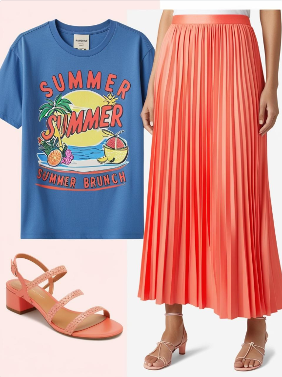 Graphic tee styled with a pleated midi skirt and strappy sandals for a playful and polished summer brunch outfit idea women love.