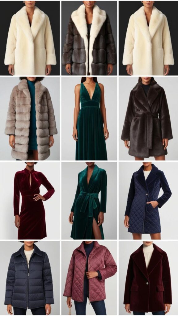A collage showcasing winter fashion trends for women, including faux fur coats, velvet dresses, and quilted jackets.