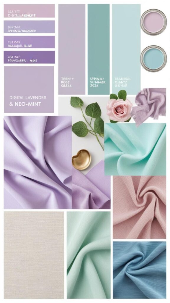 A mood board showcasing Digital Lavender and Neo-Mint, alongside other trending colors.
