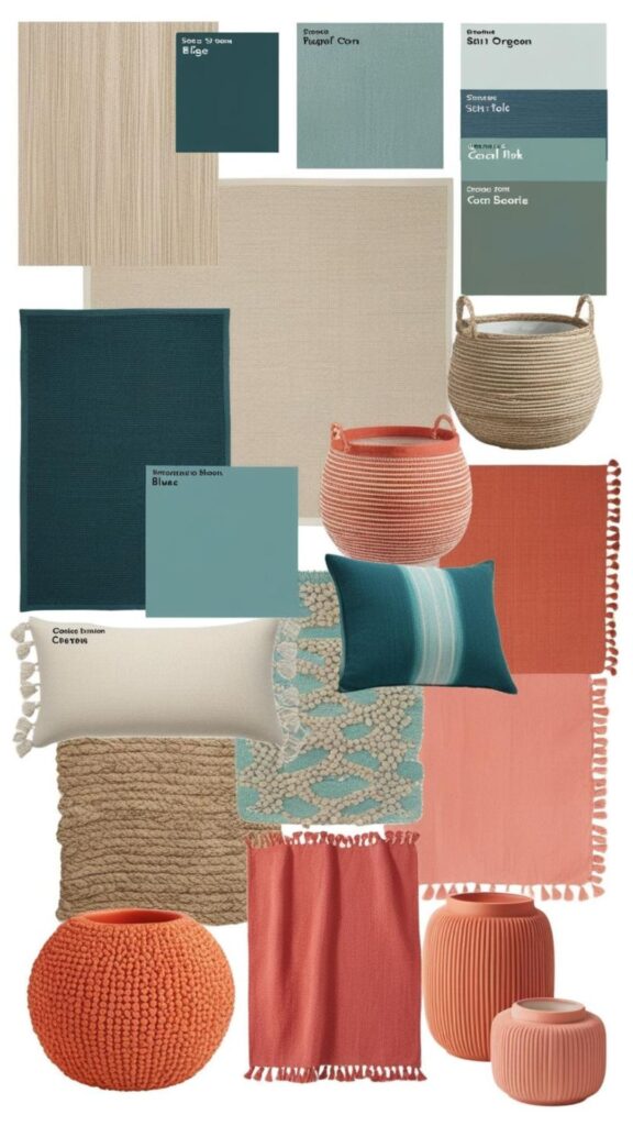 A mood board featuring earthy neutrals, oceanic blues and greens, and vibrant corals and oranges.