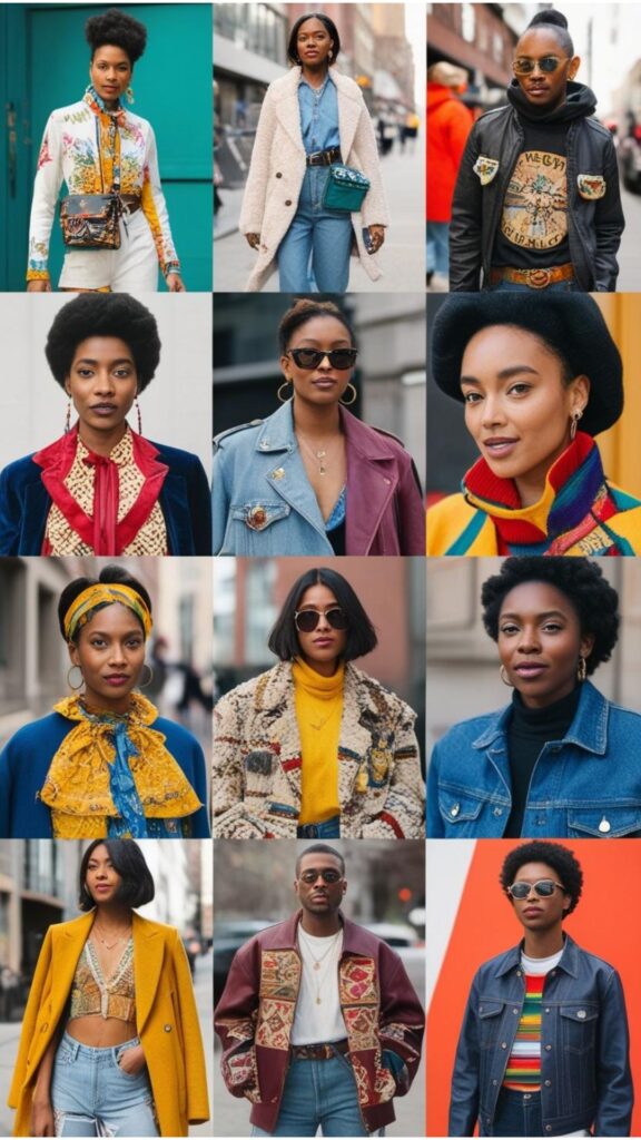 A diverse group of individuals showcasing unique street style looks, incorporating vintage finds, DIY elements, and personalized pieces.