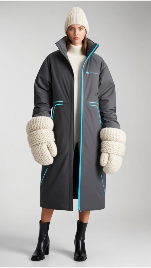 A model wearing a tech-integrated winter coat with a sleek design, paired with chunky knit accessories and stylish boots.