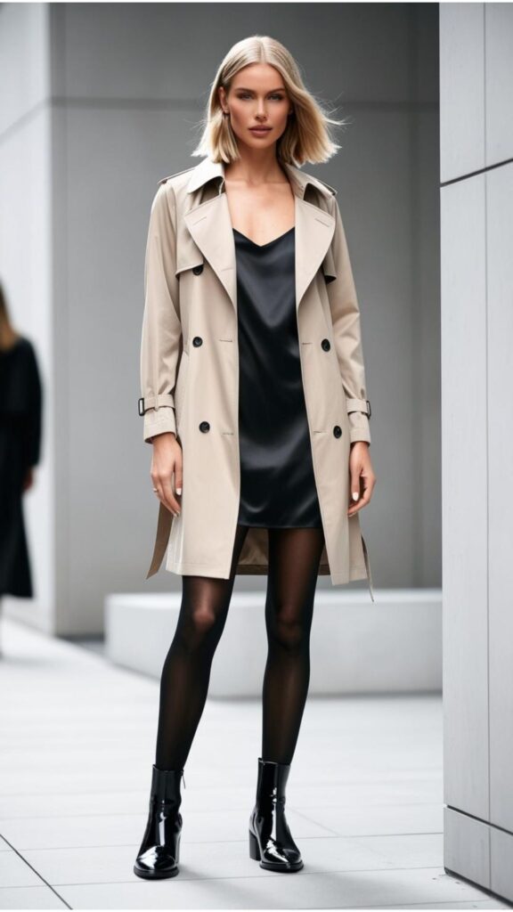 A stunning woman wearing a short beige trench coat over a black slip dress and black tights, accessorized with black ankle boots.