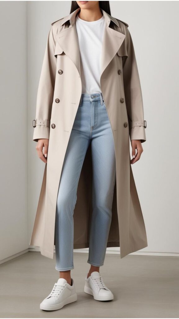 A woman wearing a beige trench coat over a white t-shirt, blue jeans, and white sneakers, with a minimalist aesthetic.