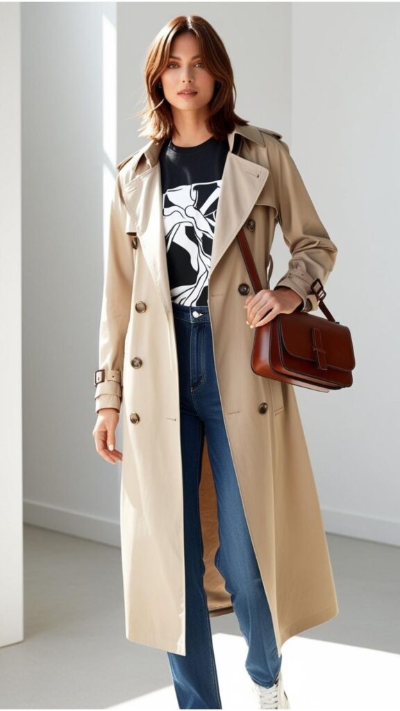 A stunning woman wearing a beige trench coat over a graphic t-shirt, blue jeans, and white sneakers, carrying a crossbody bag.