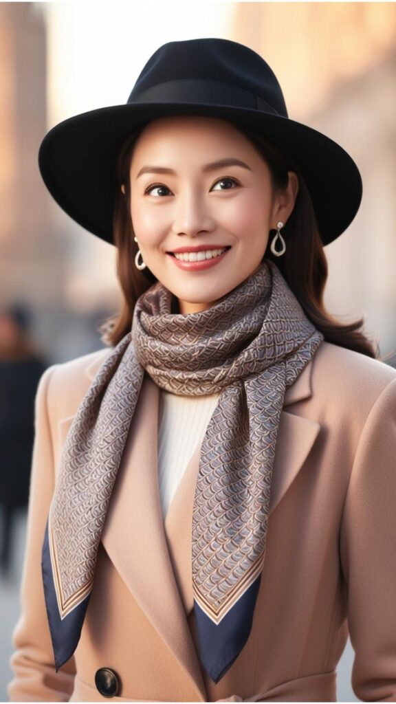 A pretty woman wearing a scarf with a coat and a hat.