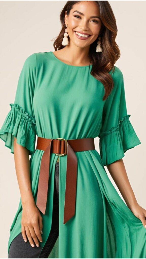 A stunning woman wearing a flowy dress over jeans, cinched at the waist with a brown leather belt.