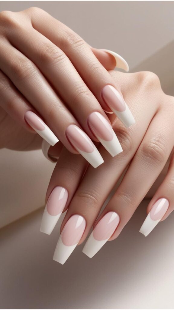 Hands with perfectly applied acrylic nails, showcasing a classic French manicure.