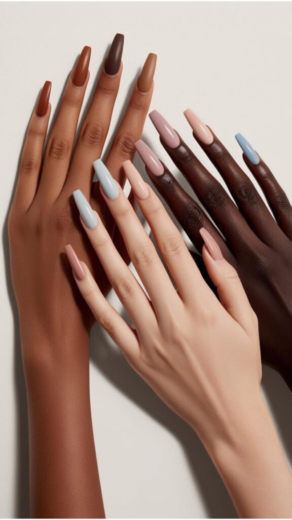 A pair of hand model with varying skin tones, each showcasing acrylic nails in colors that complement their skin.