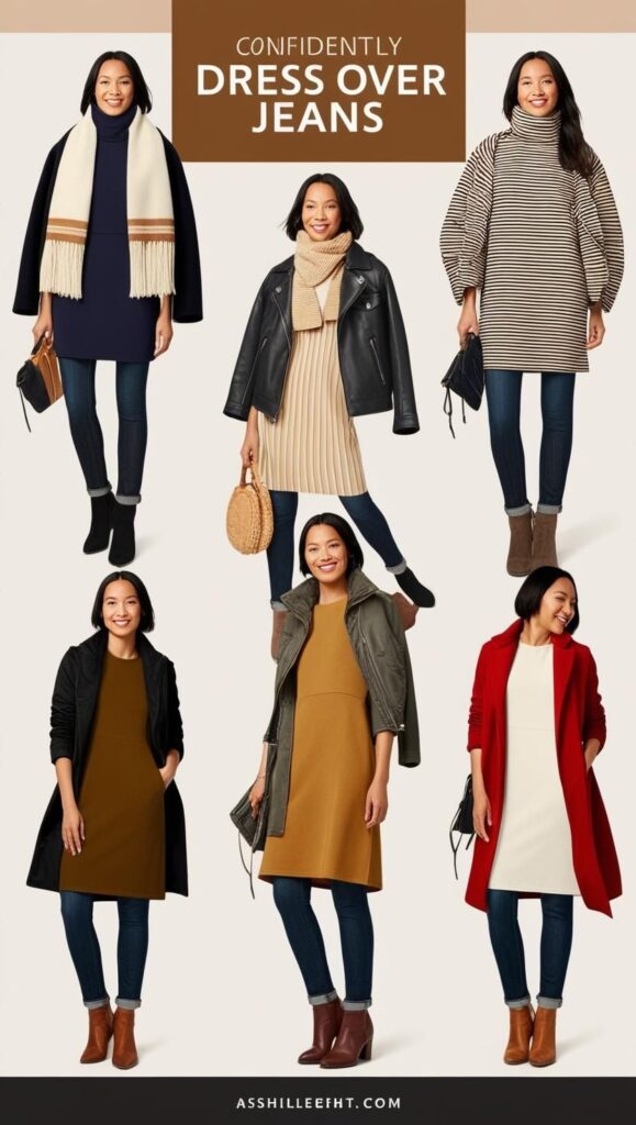 Dress over jeans: Experiment with colors (bold/neutral, monochromatic), adapt to the season (layers for warmth, lighter fabrics for summer), and wear it with confidence!