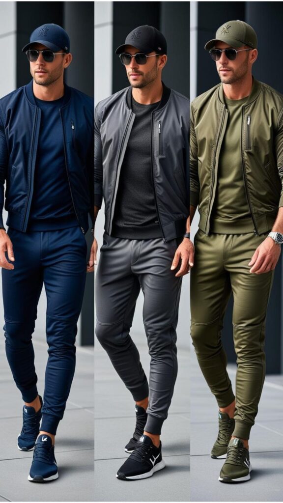 Men's athleisure outfits can be stylish and versatile—opt for well-fitting joggers, layer with jackets, and accessorize with a cap, sunglasses, or a watch.