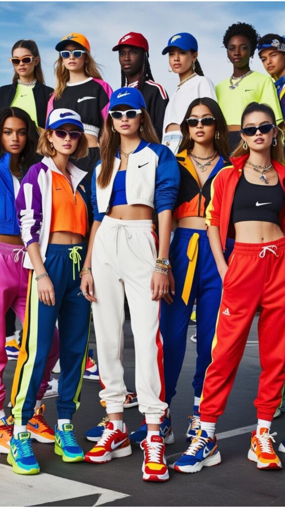 Athleisure street style features bold sneakers, cropped tops or jackets, and trendy accessories like hats and sunglasses for a stylish, sporty look.