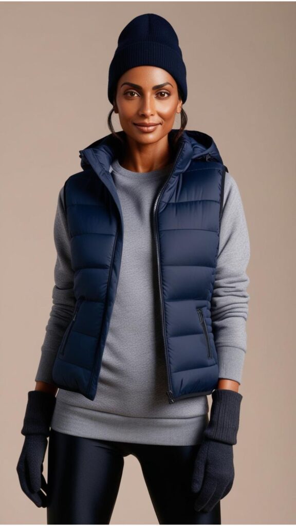 A beautiful woman wearing a puffer jacket over a hoodie and leggings, with a beanie and gloves.