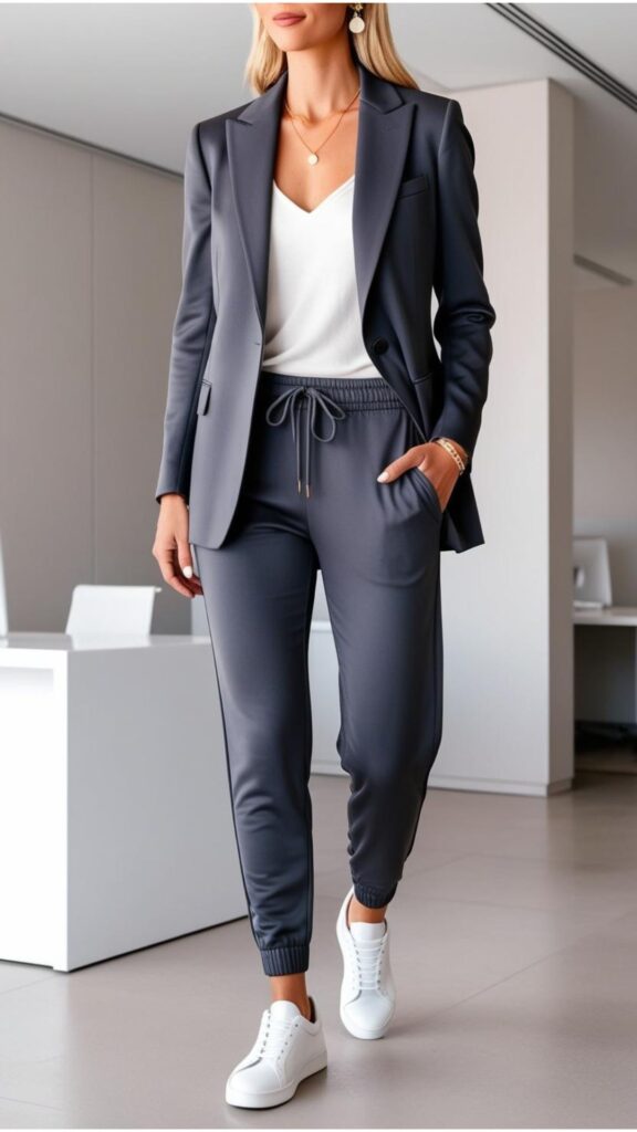 Athleisure for work blends comfort and style—opt for tailored joggers, sleek sneakers, a blazer for polish, and accessorize with subtle jewelry.