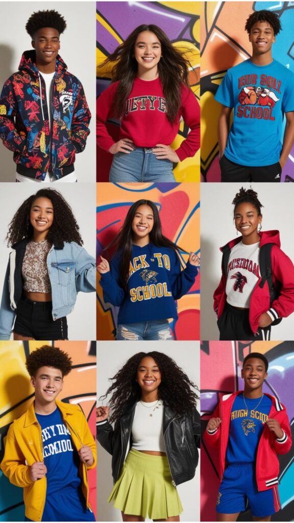 A photoshoot featuring diverse students posing in stylish back-to-school outfits against a colorful backdrop.