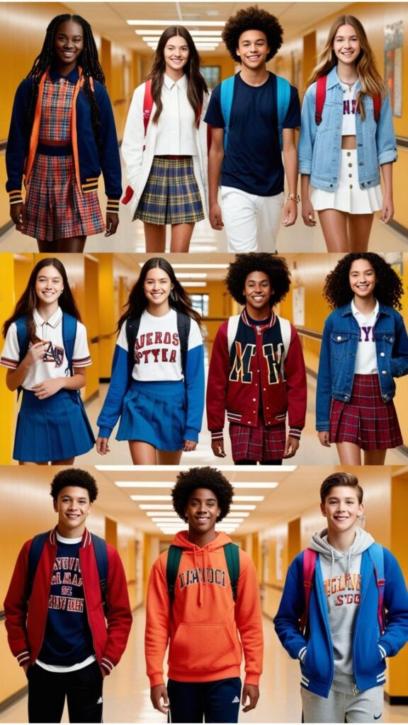 A fashion editorial spread featuring students in stylish back-to-school outfits, shot in a school setting.