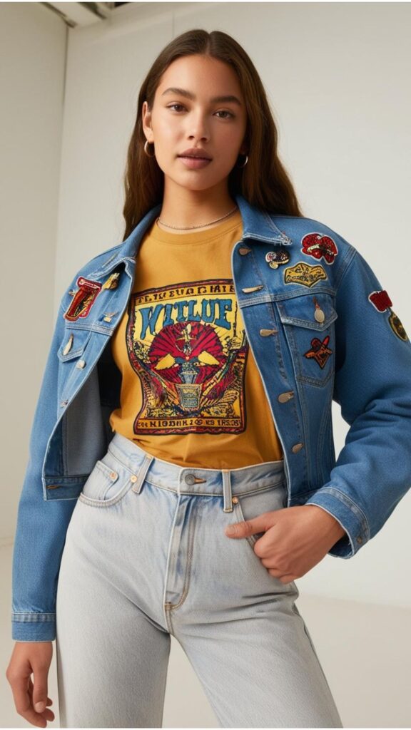 A student wearing a pair of high-waisted jeans with a vintage-inspired graphic tee and a personalized denim jacket.