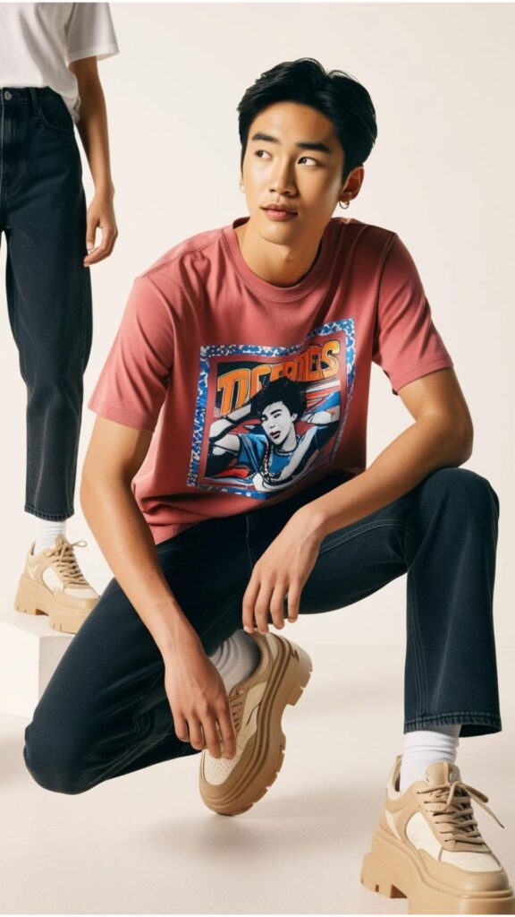 A student wearing a baby tee with a graphic print, paired with low-rise jeans and platform sneakers.