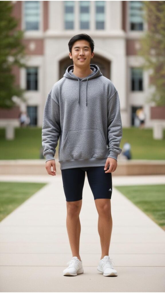 A student wearing an oversized hoodie with bike shorts and sneakers.