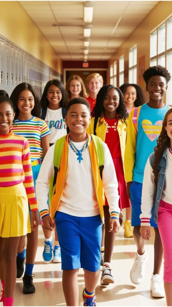 A group of young students walking down a school hallway, each wearing bright, colorful outfits.