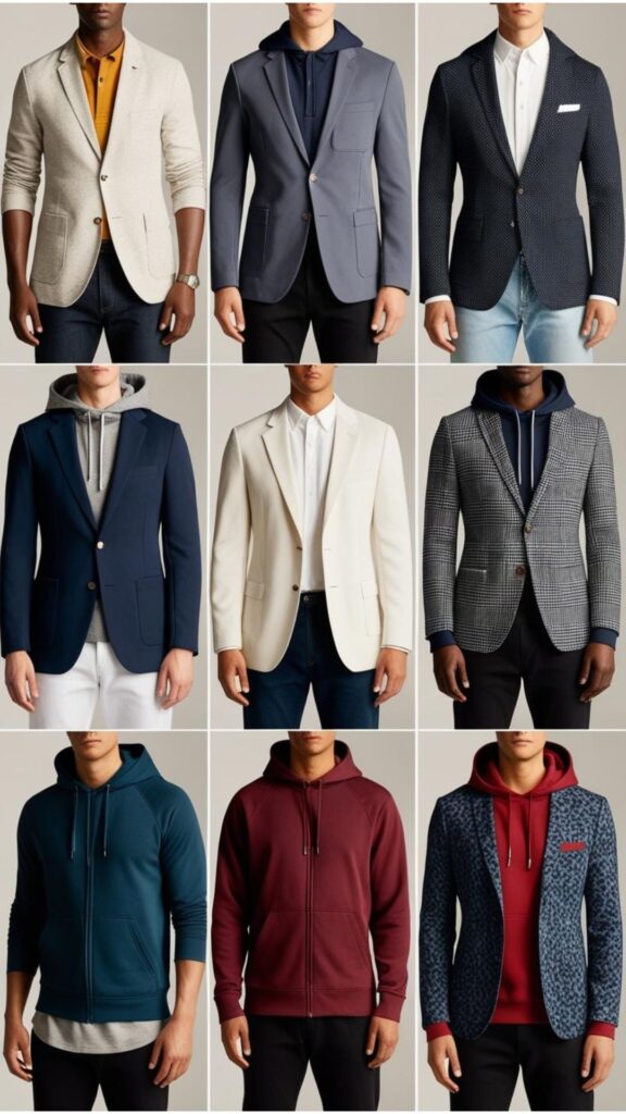 A collection of different blazer styles, including casual, structured, and patterned blazers, suitable for pairing with hoodies.