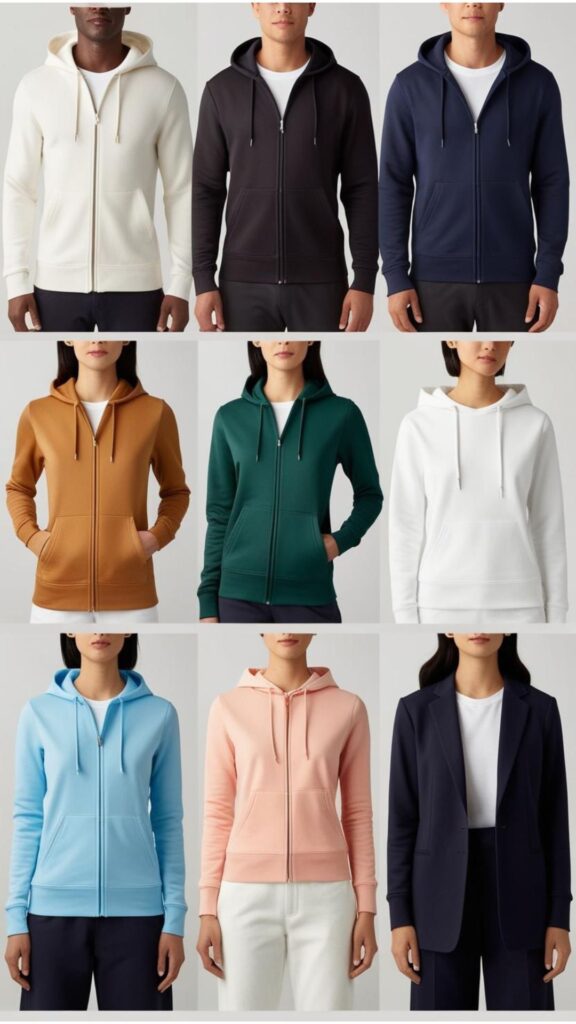 A selection of different hoodie styles, including slim-fit, zip-up, and simple hoodies, suitable for layering under blazers.