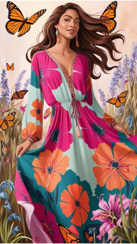 An illustration of a woman with long, flowing hair wearing a maxi dress with floral patterns, surrounded by butterflies and flowers, capturing the ethereal beauty of bohemian fashion.