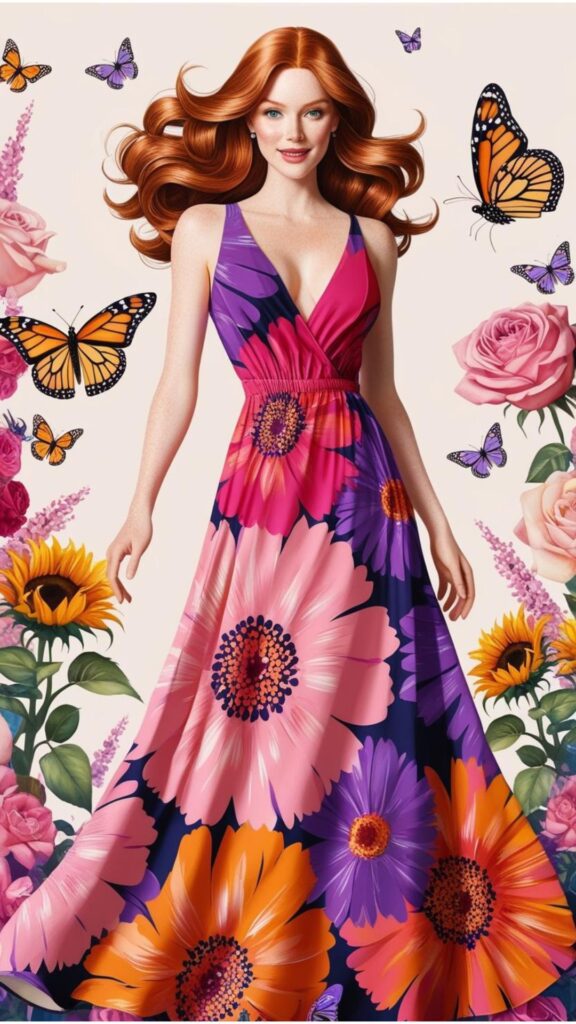 An illustration of a stunning woman wearing a flowing maxi dress with floral patterns, surrounded by butterflies and flowers.