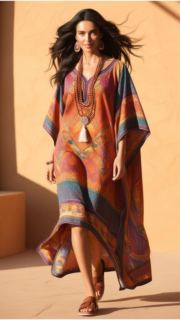 A beautiful woman wearing a printed kaftan with beaded necklaces and sandals.
