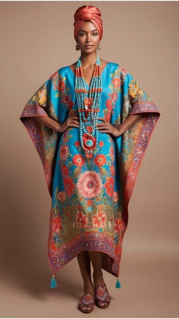 A woman wearing a printed kaftan with beaded necklaces, embroidered sandals, and a turban, showcasing the beauty of ethnic bohemian fashion.
