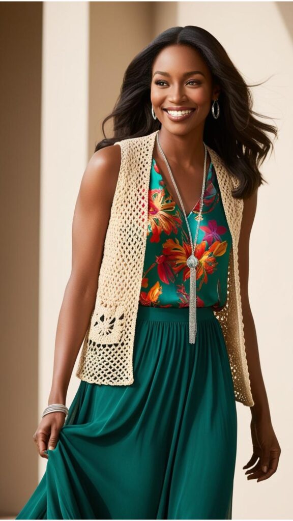 A stunning woman wearing a flowing skirt with a printed top, a crochet vest, and a long necklace.
