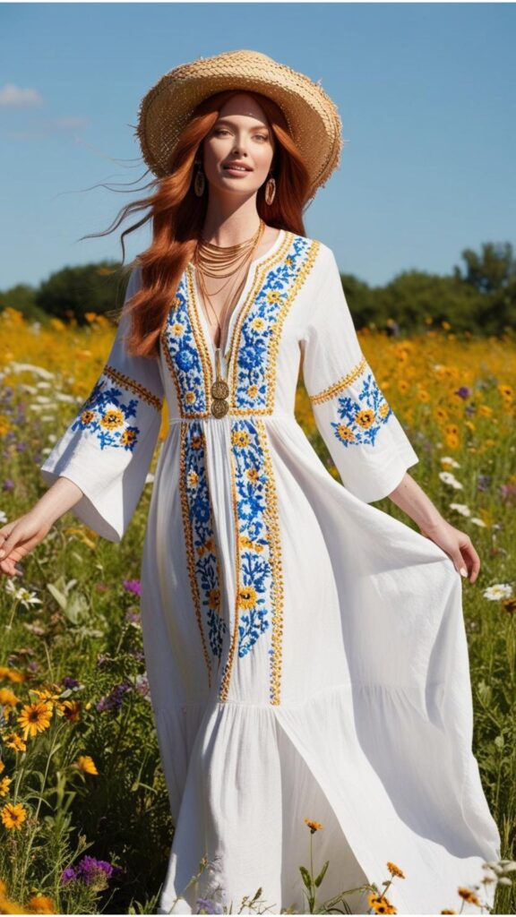 A stunning woman with long, flowing hair wearing a white cotton maxi dress with floral embroidery, layered necklaces, and a floppy hat, standing in a field of wildflowers.