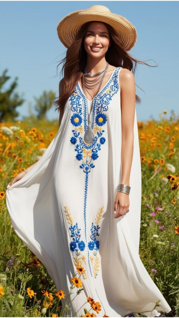 A woman wearing a flowing white maxi dress with floral embroidery, layered necklaces, and a floppy hat, standing in a field of wildflowers.