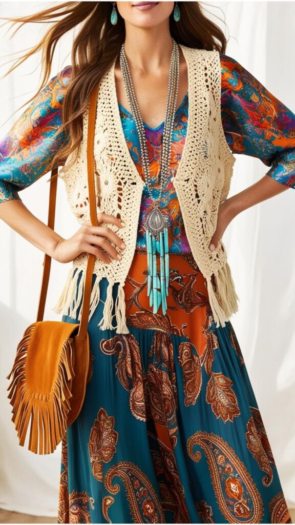 A woman wearing a flowing skirt with a printed top, a crochet vest, a long necklace, and a fringed bag, showcasing the art of layering in bohemian fashion.