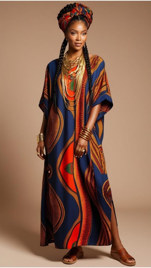 A stunning woman with braids wearing a headwrap and a maxi dress with an African print, layered with chunky jewelry and sandals.