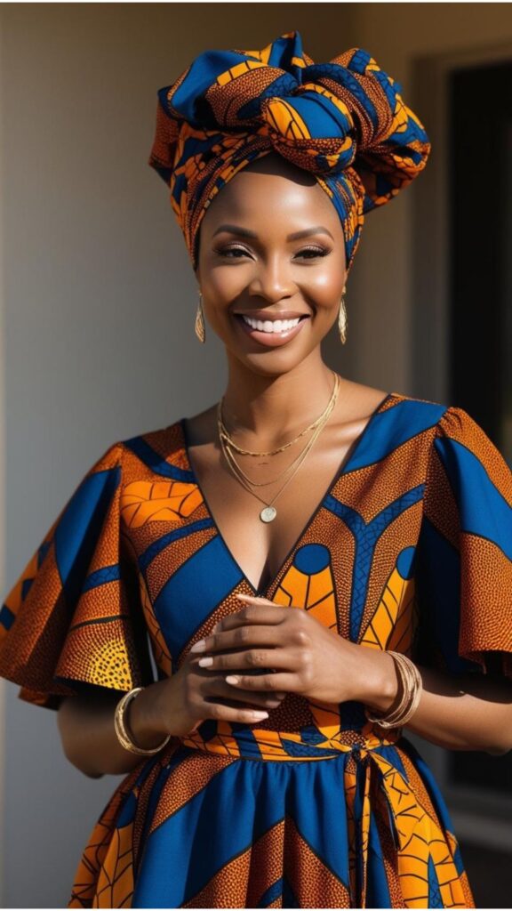 A stunning woman wearing a headwrap and a dress with an African print, layered with jewelry.