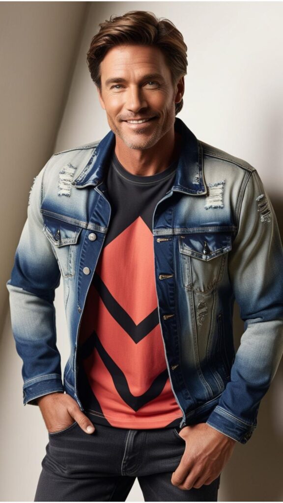 A good looking man wearing a distressed denim jacket with a printed t-shirt and jeans.
