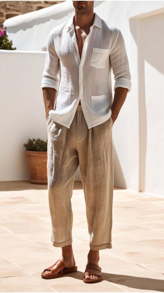 A man wearing a white linen shirt with loose-fitting trousers and sandals.