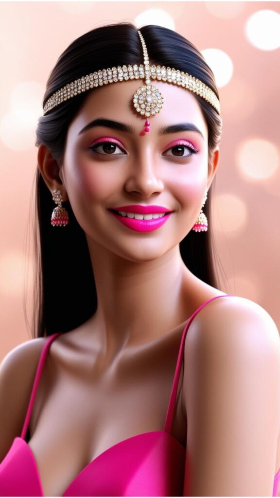 A woman wearing a bright pink lipstick with a matching bindi.