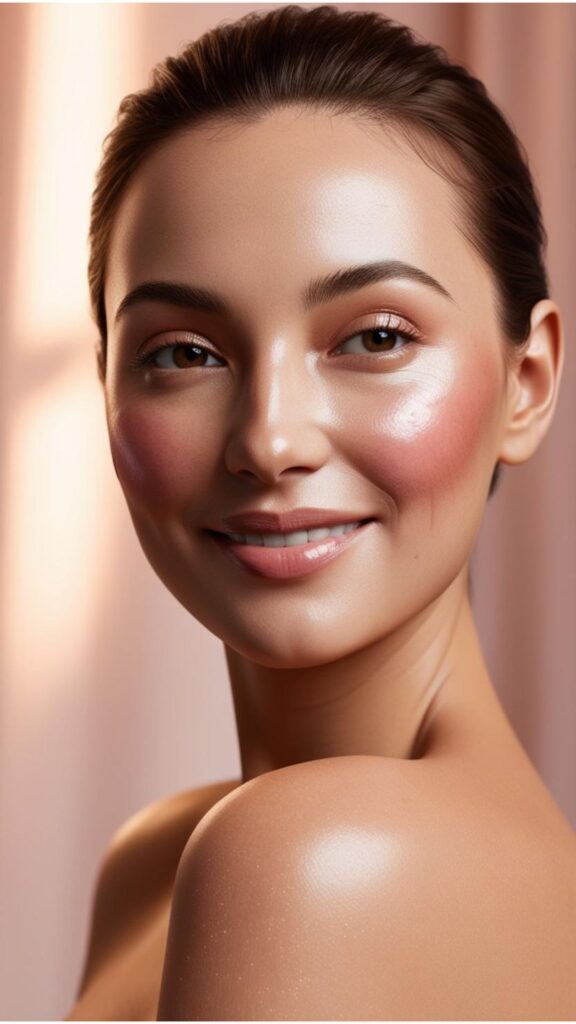 A woman with dewy, glowing skin, highlighted cheekbones, and a natural-looking blush.
