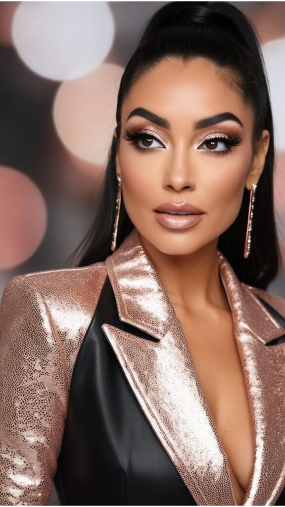 A woman with dramatic winged eyeliner, thick false lashes, and shimmery eyeshadow.