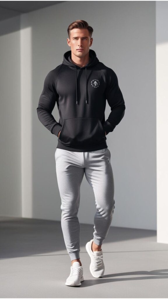 A handsome man wearing gray joggers with a black hoodie and running shoes.