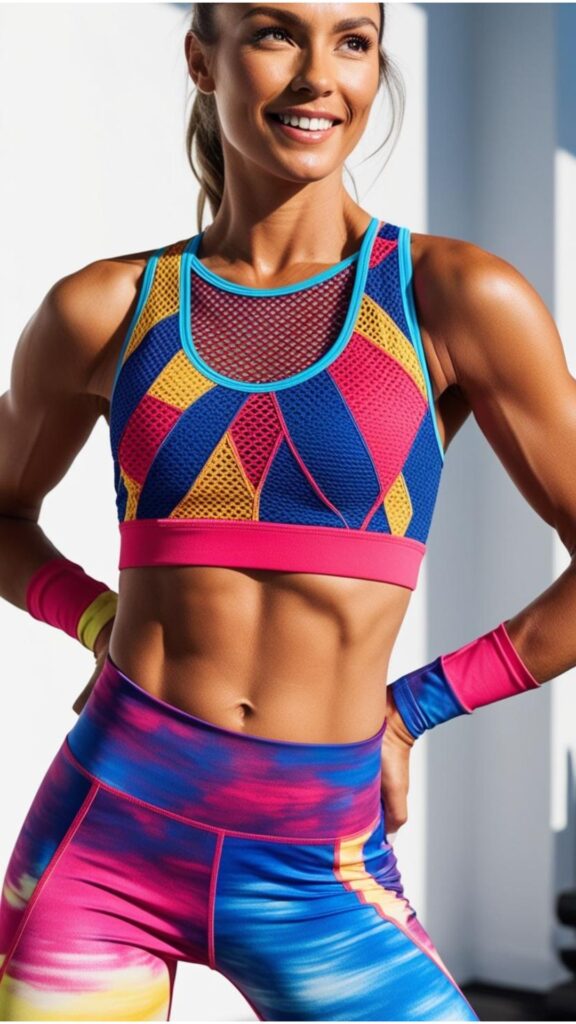 A woman wearing a colorful sports bra with a mesh tank top and leggings.
